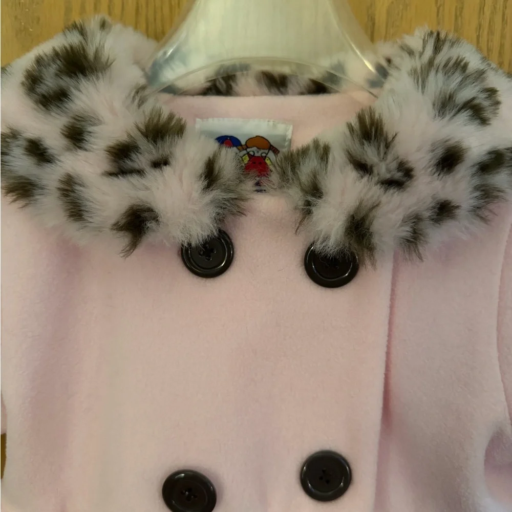 PETES PARTNER Vintage Faux Fur Animal Print Trim Pink Kids Coat with Hat Size 5